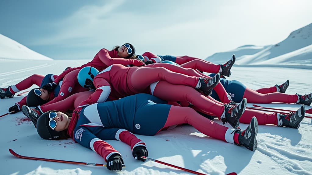  a pileup of skiier girls wearing tight skiing outfits after they all stumbled over eachother. all of them are unconsciouss and have their eyes closed. its on the slope of a snowy mountain. theres blood spots all around and a few dead skiiers laying around the pile