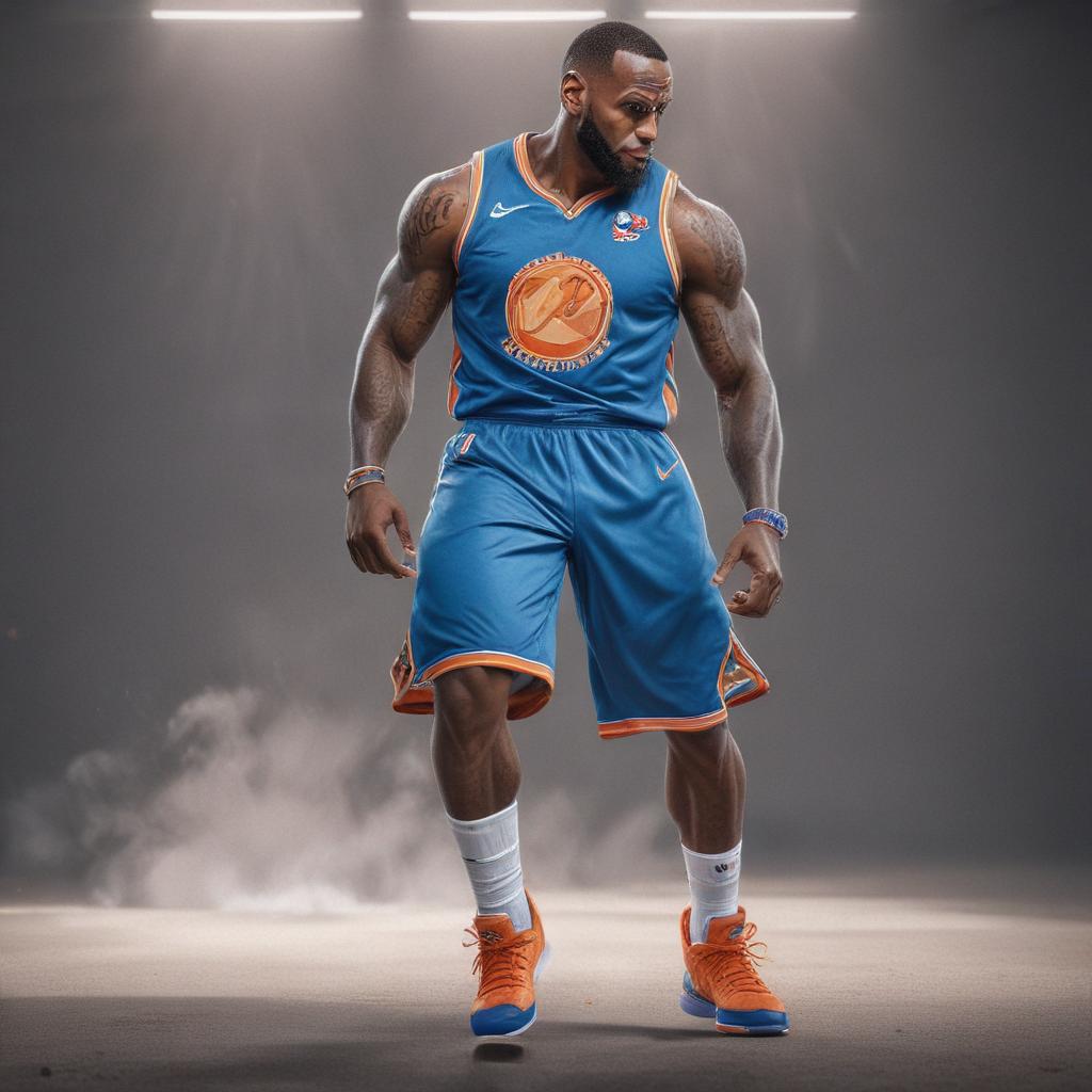 distance-shot, flashy, full-body, dynamic, holographic, animated cartoon poster of lebron james in the style of dragon ball super hyperrealistic, full body, detailed clothing, highly detailed, cinematic lighting, stunningly beautiful, intricate, sharp focus, f/1. 8, 85mm, (centered image composition), (professionally color graded), ((bright soft diffused light)), volumetric fog, trending on instagram, trending on tumblr, HDR 4K, 8K