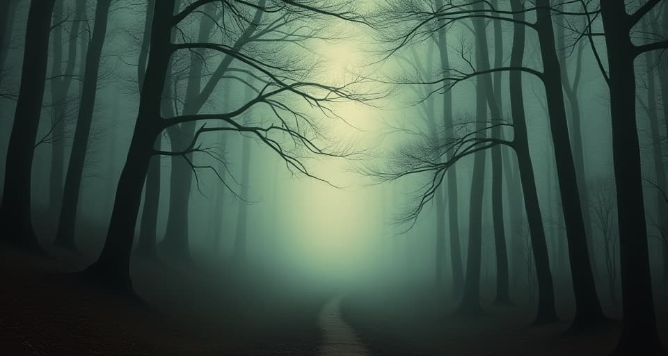  a foggy forest gradually becoming clear as the light breaks through, trees becoming more defined, path emerging, discovery, focus, illumination. an illustration in the style of a worn, mystical old tarot trump card, mysterious and elements of surrealism. the colors are muted, somber and eerie, but with contrast bring out an occult and esoteric vibe.