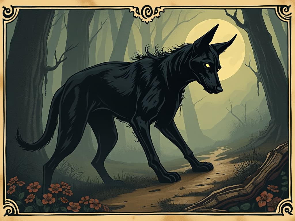  ghostly figure of a black hound, twisted and shadowy shape, distorting the surroundings, unearthly aura, ominous, disorienting. an illustration in the style of a worn, mystical old tarot trump card, mysterious and elements of surrealism. the colors are muted, somber and eerie, but with contrast bring out an occult and esoteric vibe.