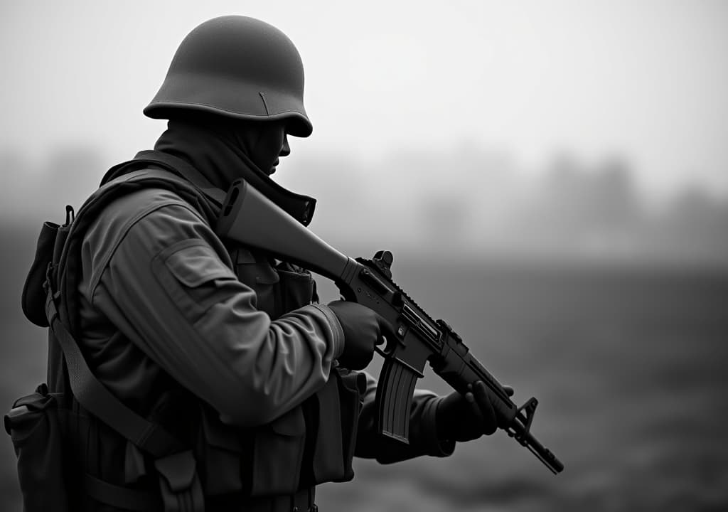  a man in a military uniform is holding a rifle. the image is black and white and has a mood of war and conflict