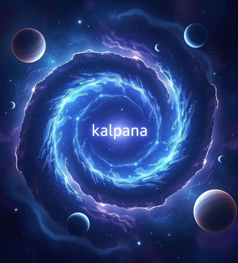  good quality, high quality, the word "kalpana" at the center of a giant cosmic spiral, with planets, asteroids, and energy flowing around it, glowing brightly with deep blues and purples.