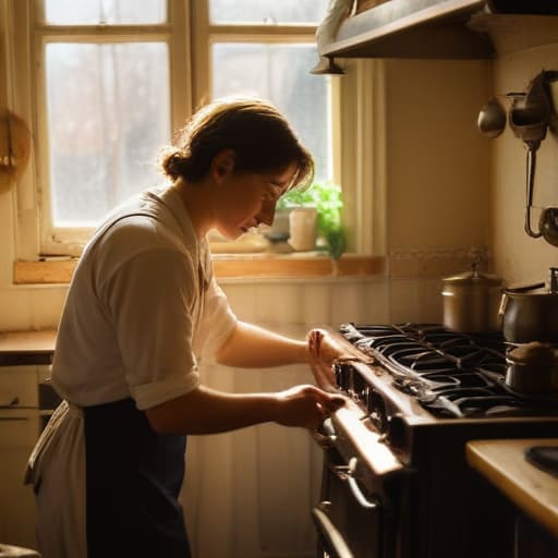 A photo of a skilled repair technician delicately repairing a vintage stove in a cozy kitchen during the late afternoon, with warm sunlight streaming through a nearby window casting soft, golden hues on the tools and details of the appliance.