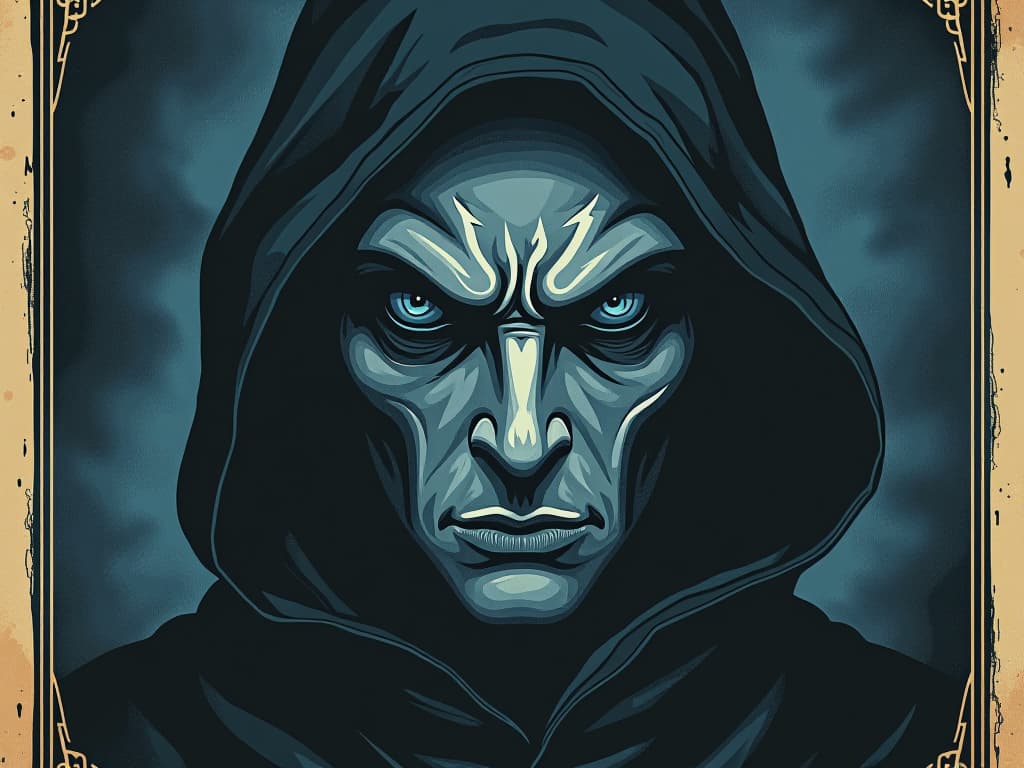  dark eyed figure wearing a mask of icy indifference, cold blue tones, shadowy background, calculating expression, subtle, veiled hostility. an illustration in the style of a worn, mystical old tarot trump card, mysterious and elements of surrealism. the colors are muted, somber and eerie, but with contrast bring out an occult and esoteric vibe.