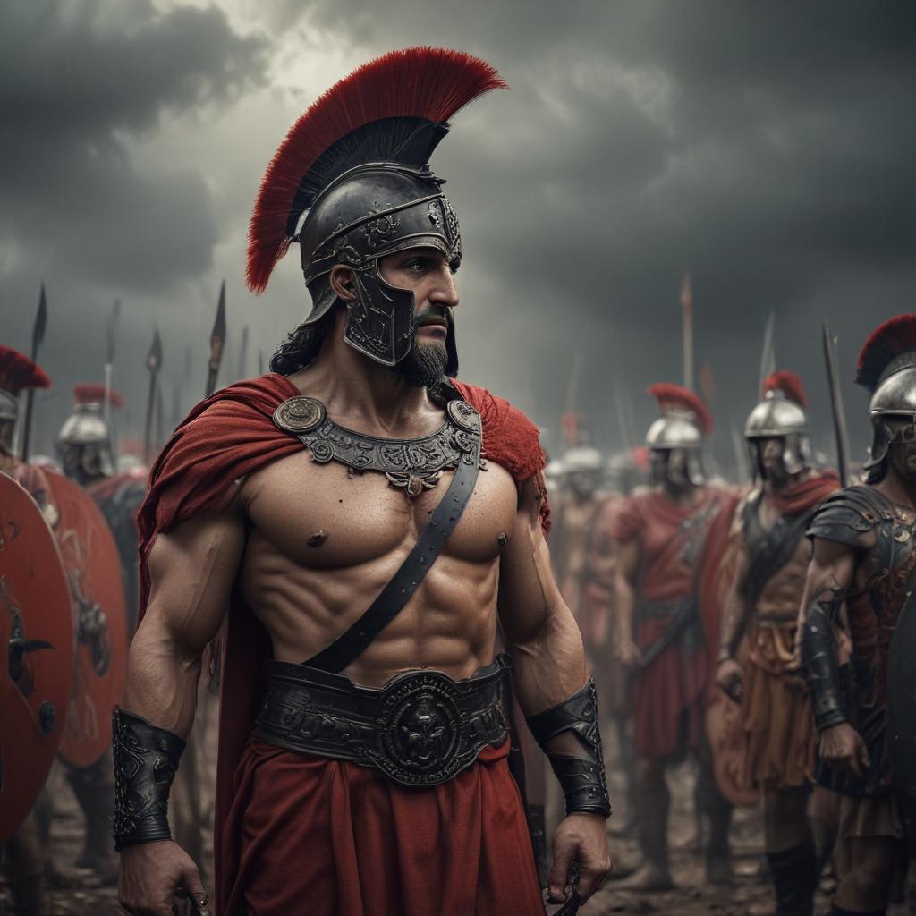 Achilles, a formidable Greek warrior, stands resolute amidst the chaos of war, his expression stoic and unwavering, surrounded by pleading comrades in battle worn armor, under a dark, ominous sky, with distant sounds of clashing swords and war cries echoing in the background, captured in a gritty, realistic style with dynamic lighting and intense shadows."in the style of classical Greek pottery art, with intricate black figures on a red background, depicting mythological scenes with a focus on gods and heroes, using a limited color palette of red, black, and white"This image is a breathtaking painting that captures the magical scene with vivid detail. The overall composition is spellbinding, showcasing a perfect harmony. photorealism fantas hyperrealistic, full body, detailed clothing, highly detailed, cinematic lighting, stunningly beautiful, intricate, sharp focus, f/1. 8, 85mm, (centered image composition), (professionally color graded), ((bright soft diffused light)), volumetric fog, trending on instagram, trending on tumblr, HDR 4K, 8K