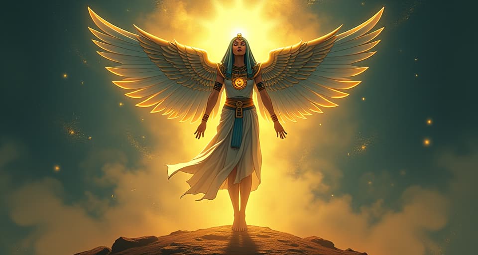  a figure enveloped in radiant light, adorned in sacred jewelry, floating above ground, ethereal mist swirling, untouchable aura. the style is digital art illustration / modern comic book / mysterious occult, symbolic, esoteric vibe,high detail on character design, incorporating ancient egyptian symbology and attire.