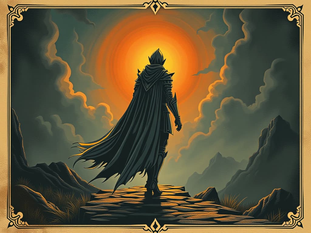  figure with light armor and cloak marching confidently, shadows of past fears dissipating, fiery orange sky, confident steps. an illustration in the style of a worn, mystical old tarot trump card, mysterious and elements of surrealism. the colors are muted, somber and eerie, but with contrast bring out an occult and esoteric vibe.