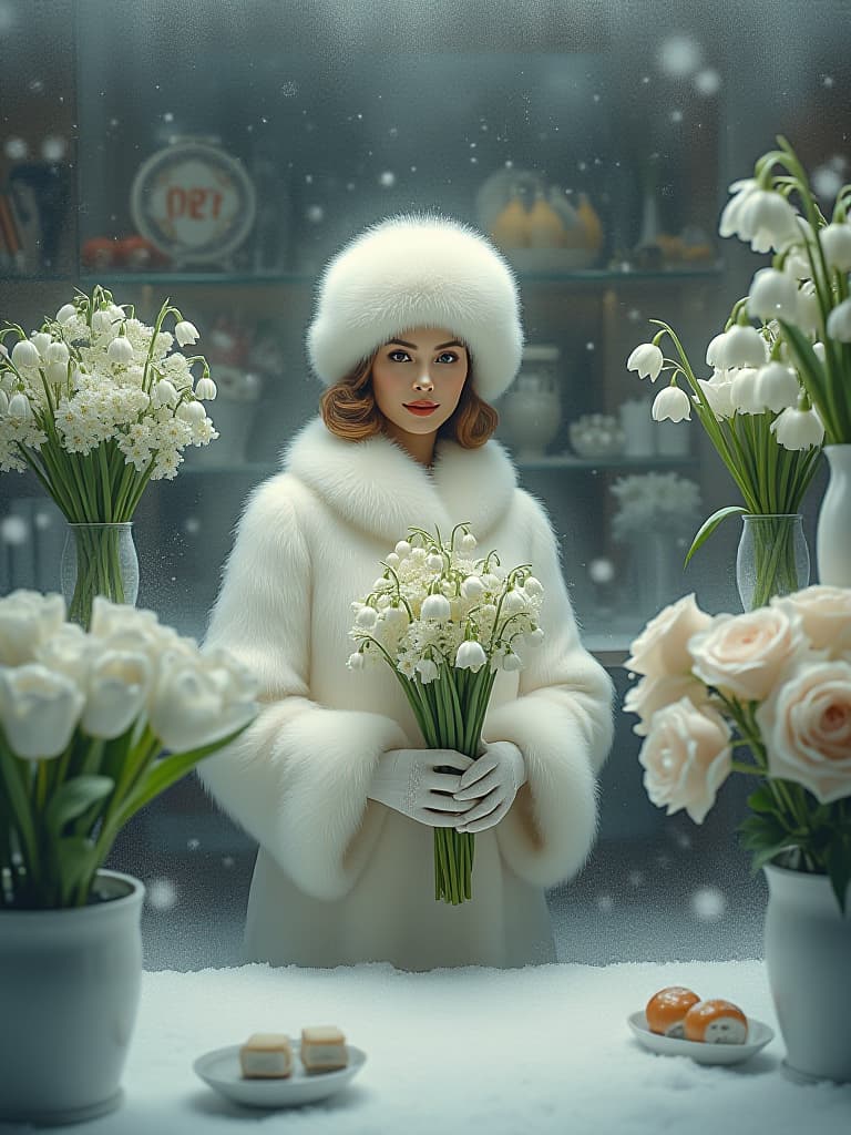  concept art (masterpiece, oil painting), surreal realism, a snow covered flower shop covered with snow and ice, a beautiful saleswoman in a white mink fur coat and a white fur hat (snow maiden:1.0) stands behind the counter and holds a bouquet of white snowdrops in his hands, (looks at the camera, intense close up:1.4), there are white flowers on the shelves in white icy pots around the store lilies of the valley, snowdrops, white tulips and white roses, everything is covered with ice and snow, it is snowing fine, dali style, surrealist art, dreamlike, mysterious, provocative, symbolic, intracate, detailed, lucas cranach the elder, peter brueghel, albrecht durer. every detail is rich in symbolism and meaning, a masterpiece, high detail, 8