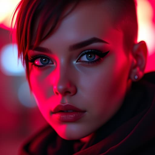  ultra realistic close up portrait ((beautiful pale cyberpunk female with heavy black eyeliner)), blue eyes, shaved side haircut, hyper detail, cinematic lighting, magic neon, dark red city, canon eos r3, nikon, f/1.4, iso 200, 1/160s, 8k, raw, unedited, symmetrical balance, in frame, 8k hyperrealistic, full body, detailed clothing, highly detailed, cinematic lighting, stunningly beautiful, intricate, sharp focus, f/1. 8, 85mm, (centered image composition), (professionally color graded), ((bright soft diffused light)), volumetric fog, trending on instagram, trending on tumblr, HDR 4K, 8K