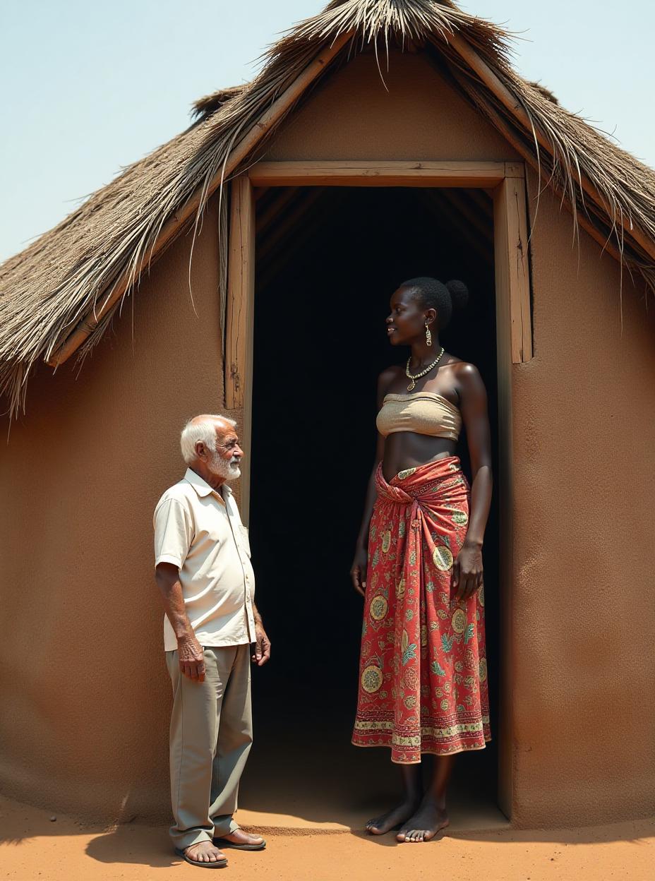  summer day in south sudan. a traditional african hut, home to members of the dinka tribe, stands tall. an elderly white television reporter stands at the entrance, dwarfed by the towering figure of a young dinka girl. the girl, incredibly tall and curvaceous, easily surpasses the height of the doorway. dressed in a traditional dinka outfit that reveals her fertile hips, she smiles shyly. the size difference between the two is astonishing. the girl leans against the roof, gazing down at the reporter, her imposing stature contrasting with the reporter's much smaller frame., high quality, high details, hd, perfect composition, 4k epic detailed, highly detailed, sharp focus, high resolution