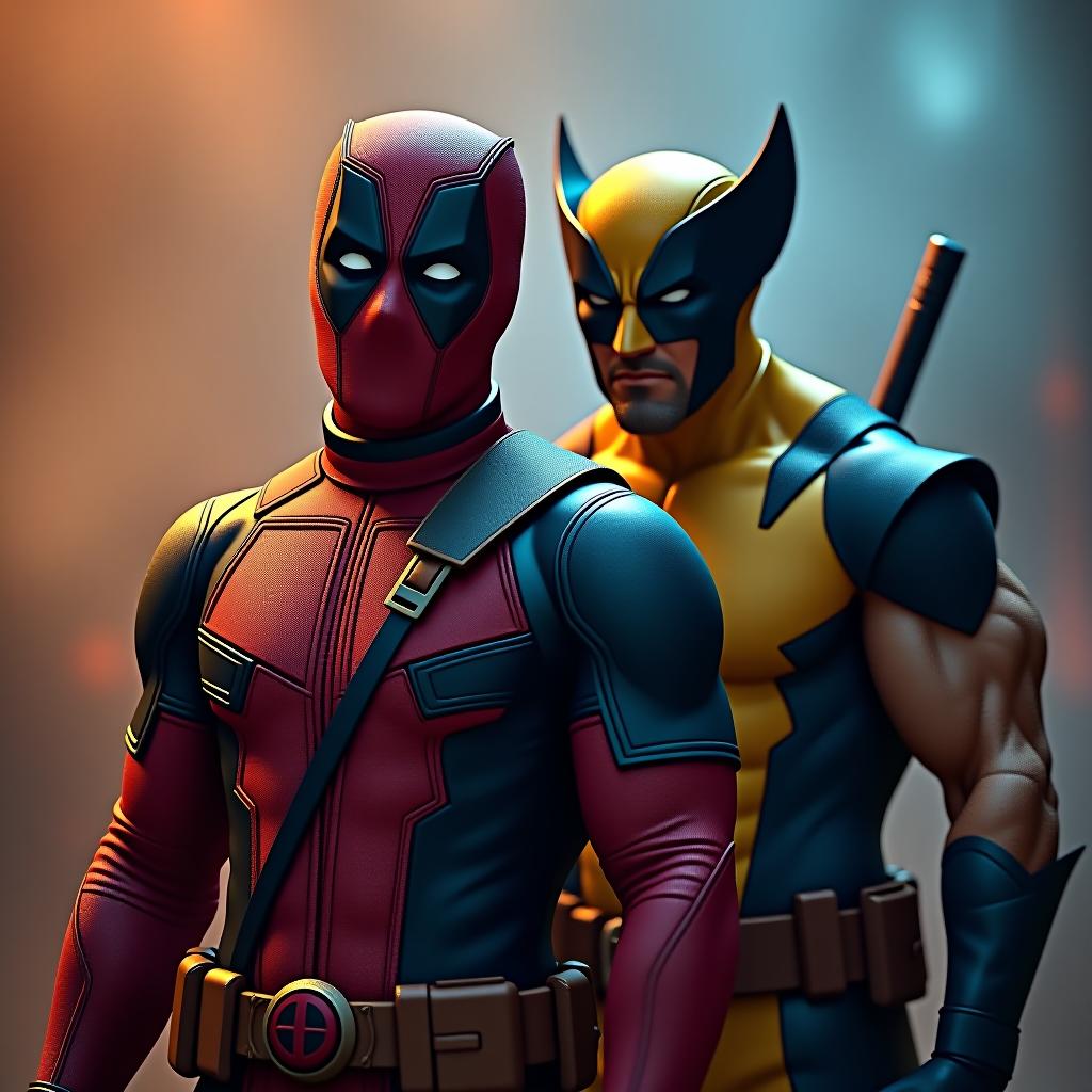  deadpool & wolverine like a movie banner hyperrealistic, full body, detailed clothing, highly detailed, cinematic lighting, stunningly beautiful, intricate, sharp focus, f/1. 8, 85mm, (centered image composition), (professionally color graded), ((bright soft diffused light)), volumetric fog, trending on instagram, trending on tumblr, HDR 4K, 8K