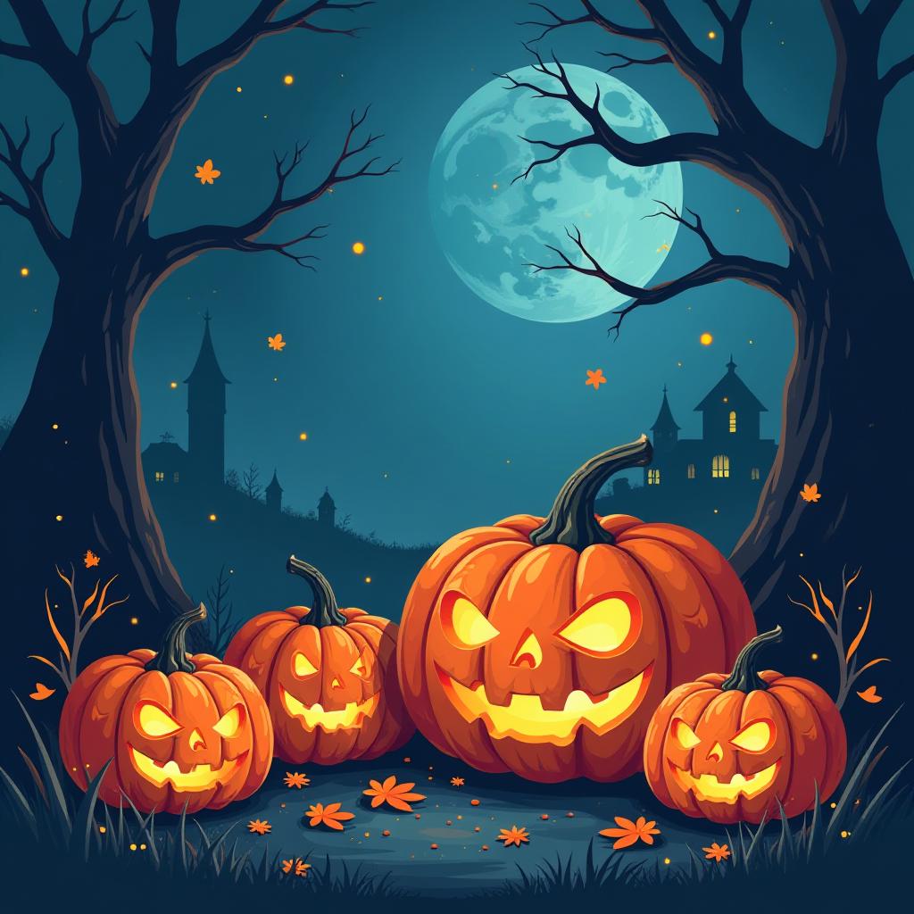  halloween concept picture with pumpkins, illustration in blue and orange colours {prompt}, maximum details