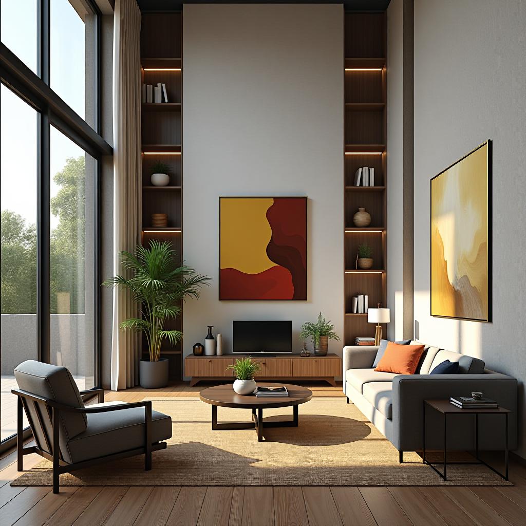  a modern realistic interior of a residential apartment with high ceilings, large windows, and paintings on the walls featuring vintage elements.