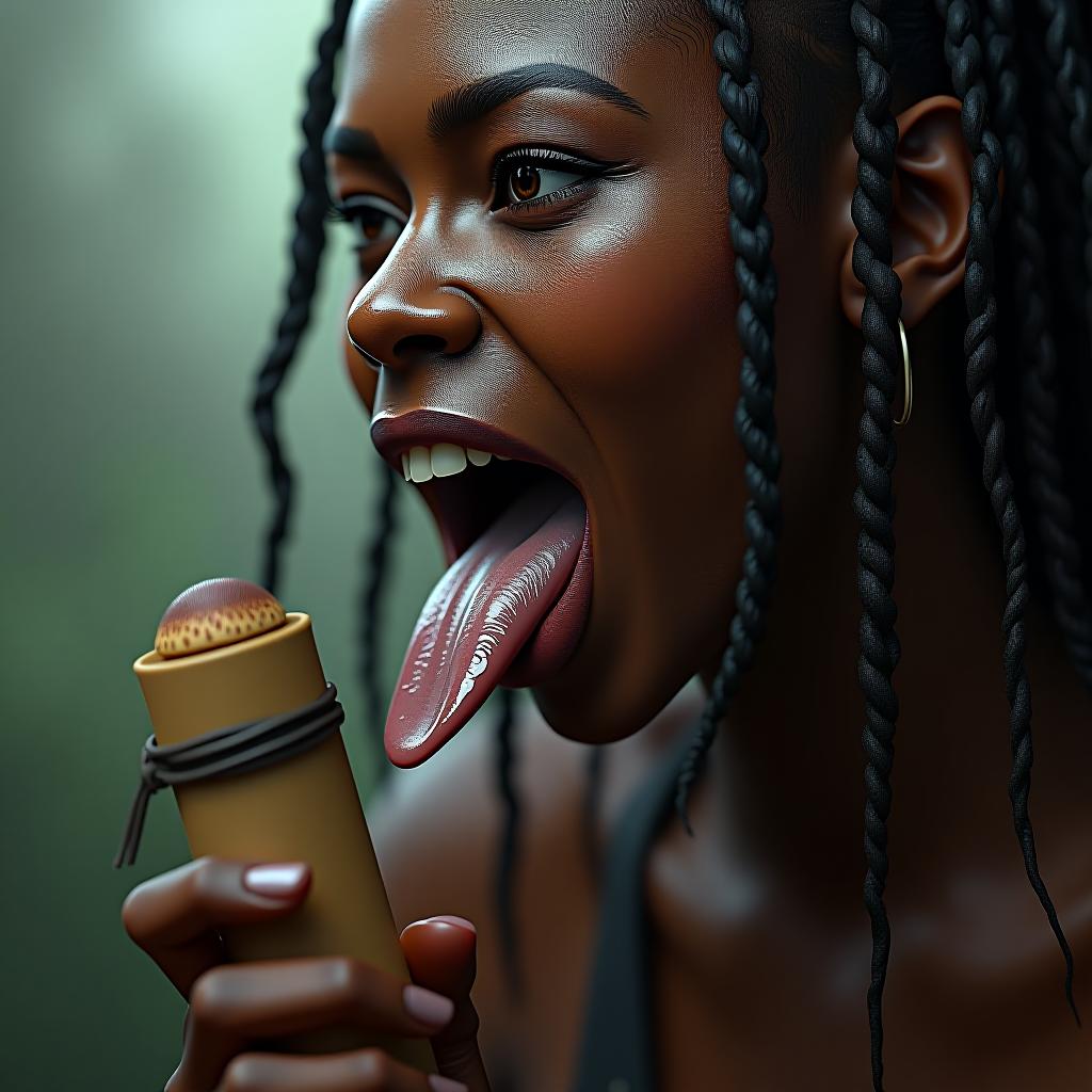  beautiful michonne from the walking dead sticking her large flat tongue fully out, covered in sweat, holding a tan colored cylinder with a mushroom at the end, award winning, professional, highly detailed, masterpiece