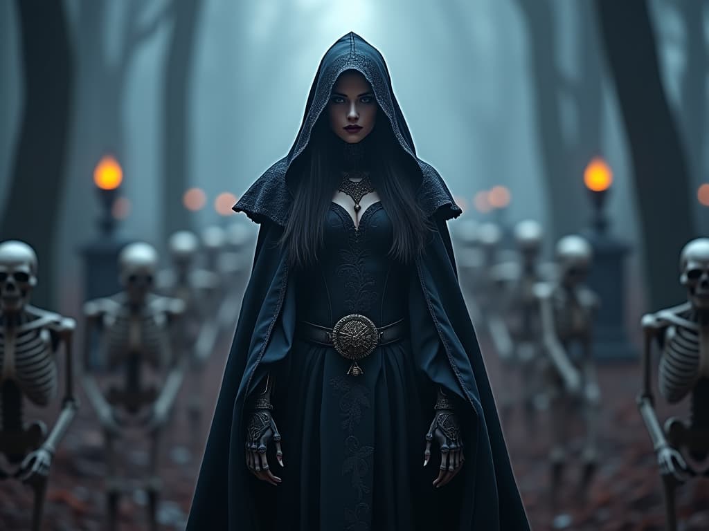  gothic style girl, evil, mad necromancer, skeletons background, hood, cloak, color axiom, fractal, huge cemetery background, dark fantasy, active pose, highly detailed, sublime, extremely beautiful, sharp focus, subtle, cinematic, intricate, elegant, dynamic, rich, deep colors, vibrant color, shining light, attractive, cute, beautiful, full background, epic composition, dramatic atmosphere, shining, professional, stunning . dark, mysterious, haunting, dramatic, ornate, detailed hyperrealistic, full body, detailed clothing, highly detailed, cinematic lighting, stunningly beautiful, intricate, sharp focus, f/1. 8, 85mm, (centered image composition), (professionally color graded), ((bright soft diffused light)), volumetric fog, trending on instagram, trending on tumblr, HDR 4K, 8K