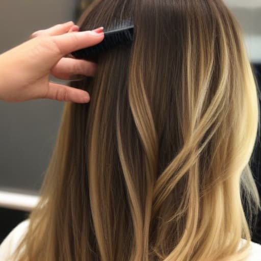 An image of a stylist applying balayage technique on a client's hair, focus on hands and hair, in an upscale salon, detailed, realistic