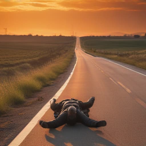 Imagine a scene on a long, empty road stretching into the distance. On this road, there's a biker lying down beside their motorcycle, looking visibly frustrated and lost in thought. The biker's expression conveys mental exhaustion and anger, perhaps with a backdrop of a sunset casting a warm, orange glow over the scene