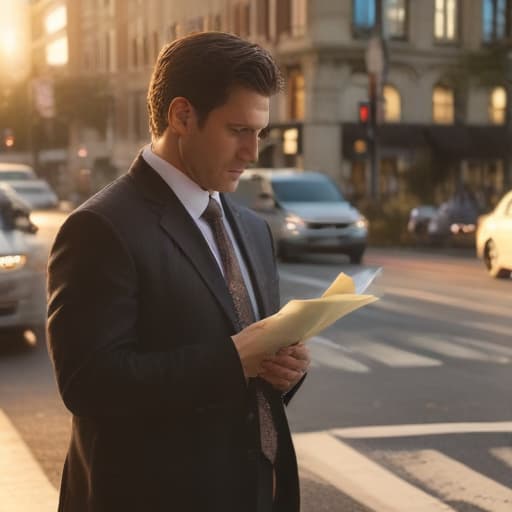 A photo of a determined car accident attorney analyzing evidence at a bustling city intersection in the late afternoon with dramatic, golden-hour lighting.