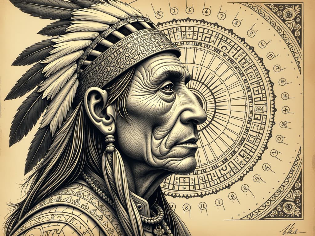  zentangle masterpiece, ink and pen drawing, old photo style, fragment of a portrait of an apache chief, macro plan, eyes looking at the observer and a part of a face with a tomahawk (looking at viewer, close up). background de alized mayan calendar. brown beige monochrome gamma. high detail, high resolution. . intricate, abstract, monochrome, patterns, meditative, highly detailed