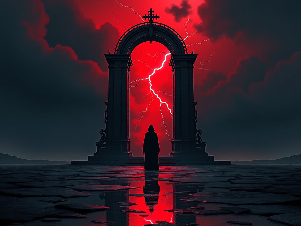  fractured mirror under a dark sky, lightning cracking through the darkness, an impending sense of sudden change, charged atmosphere. the style is digital art illustration / modern comic book / graphic dark novel fantasy and mysterious occult, symbolic, moody lighting, esoteric vibe,high detail on character design. for the color scheme emphasize blacks and reds.