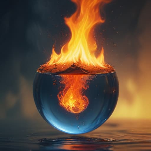 An image of a chunk of earth on fire within a water droplet floating around in the air in Mythological style