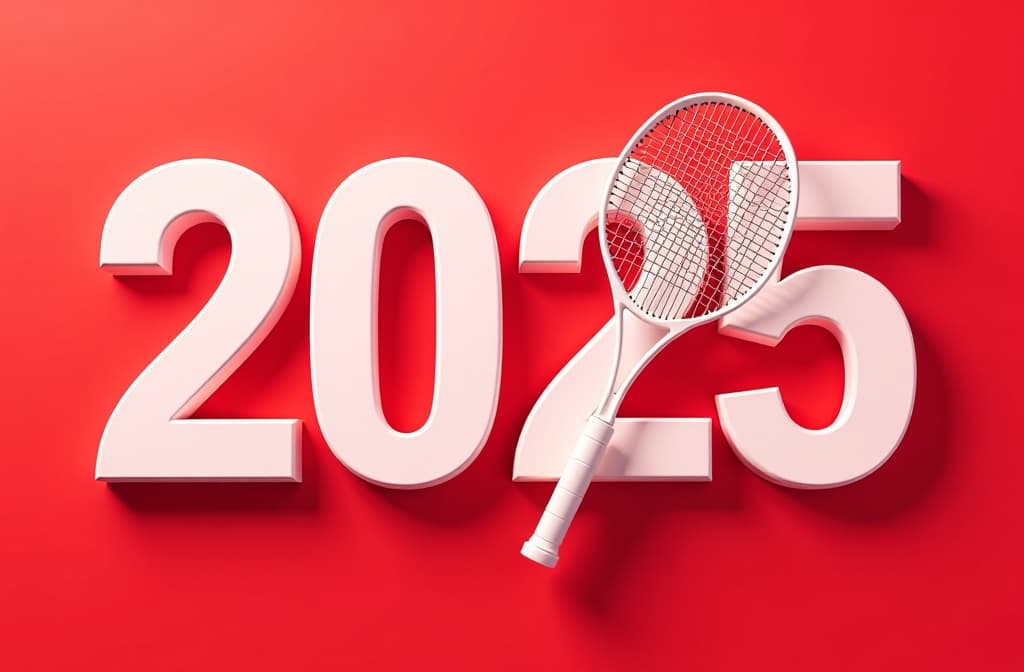  white letters "2025", white tennis racket is instead of letter 0, top view, red background ar 3:2 {prompt}, maximum details