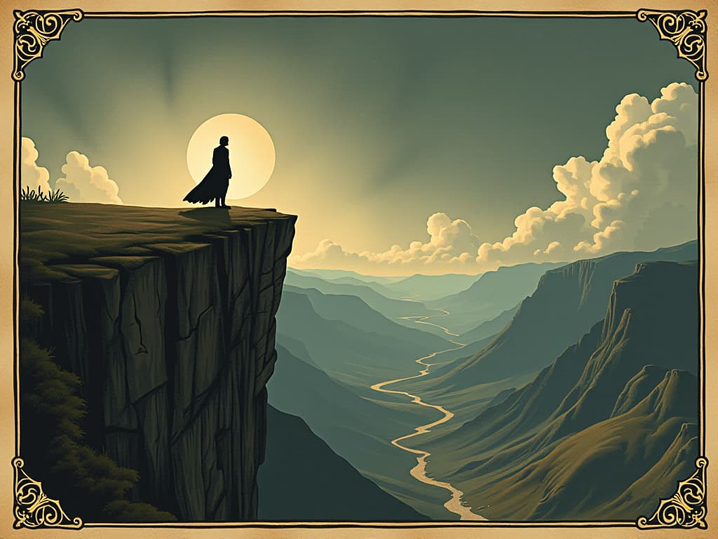  a solitary figure, standing on a cliff edge, overlooking a vast valley, the echoes of a heart, whisper of wind, sense of contemplation, peace and introspection. an illustration in the style of a worn, mystical old tarot trump card, mysterious and elements of surrealism. the colors are muted, somber and eerie, but with contrast bring out an occult and esoteric vibe.