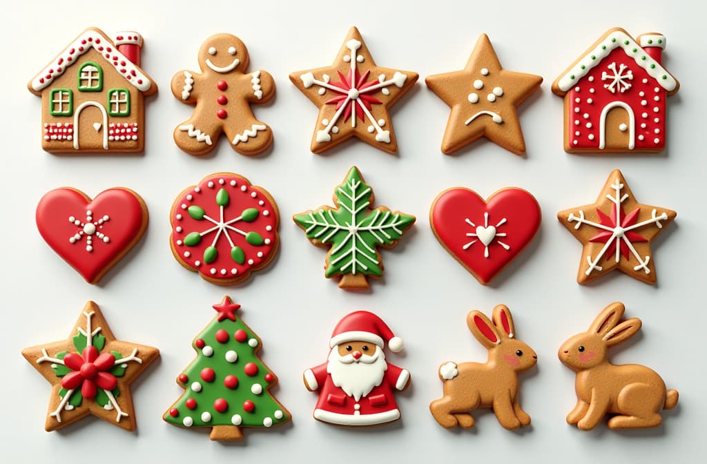  epic realistic, hyperdetailed, (cycles render:1.3), caustics, (glossy:0.58), (artstation:0.82),set of 12 of cute traditional ginger bread cookies for christmas with intricate colourfull frosting in red green and white. different shapes of house and gingerbread man, star and snowflake, santa and heart, bird and rabbit .