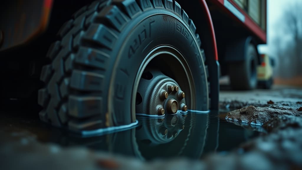  images about horror stories, a close shot of a truck's tire in a pothole filled with dark water. hyperrealistic, full body, detailed clothing, highly detailed, cinematic lighting, stunningly beautiful, intricate, sharp focus, f/1. 8, 85mm, (centered image composition), (professionally color graded), ((bright soft diffused light)), volumetric fog, trending on instagram, trending on tumblr, HDR 4K, 8K