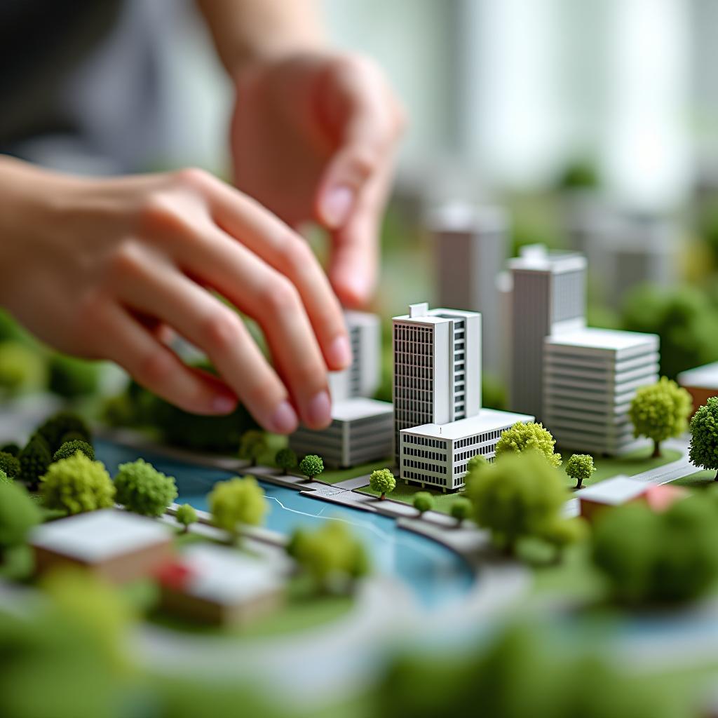  a hands on approach to urban planning showcasing a detailed city model with modern buildings and greenery.