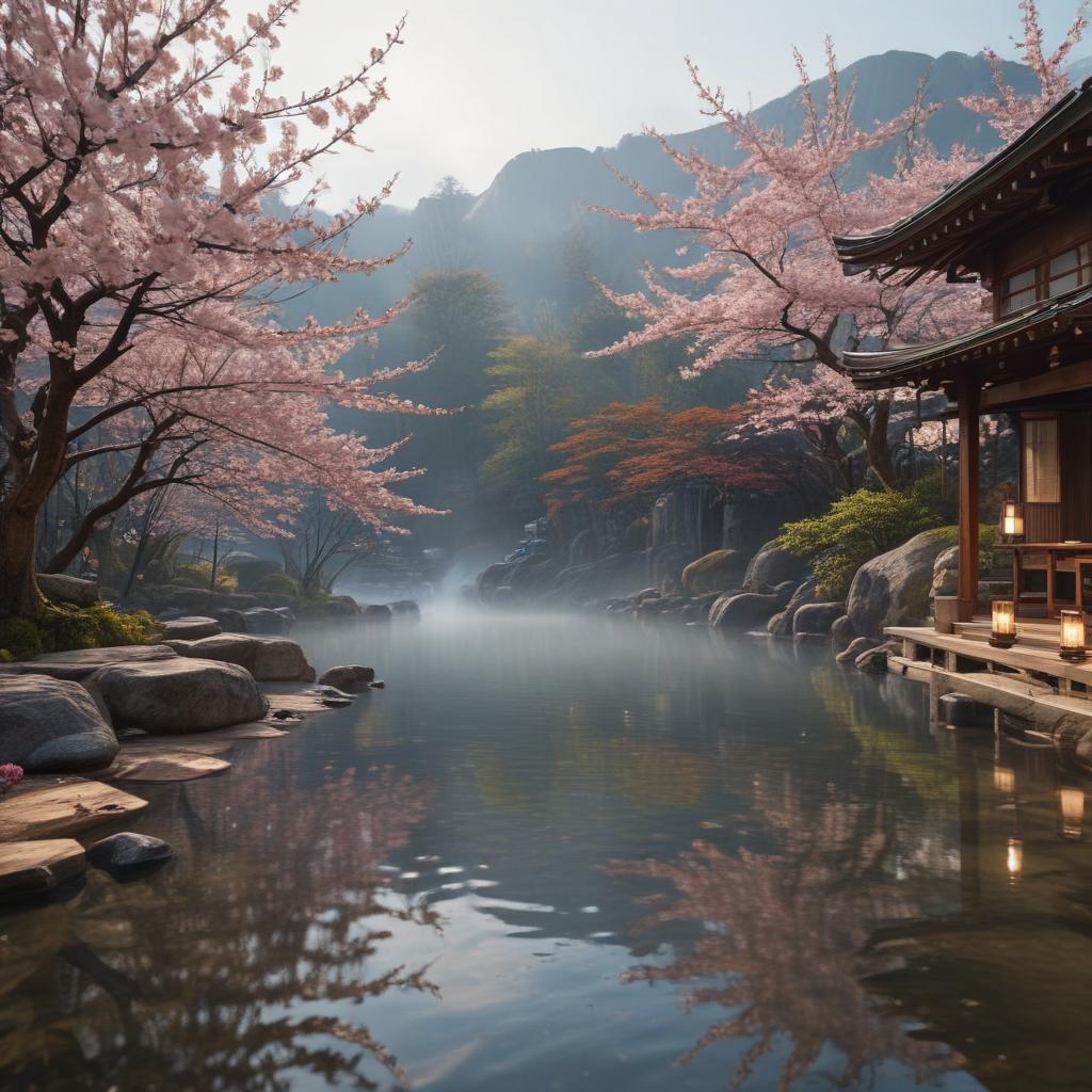 ((masterpiece)),(((best quality))), 8k, high detailed, ultra detailed, An onsen relaxing in a traditional Japanese hot spring , cherry blossom tree in bloom (in the background), steam rising from the water, wooden lanterns (hanging around the onsen), serene atmosphere hyperrealistic, full body, detailed clothing, highly detailed, cinematic lighting, stunningly beautiful, intricate, sharp focus, f/1. 8, 85mm, (centered image composition), (professionally color graded), ((bright soft diffused light)), volumetric fog, trending on instagram, trending on tumblr, HDR 4K, 8K