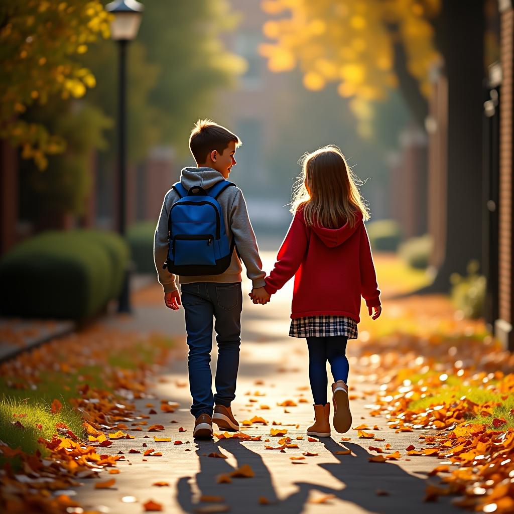  two school students a boy and a girl are walking hand in hand along an alley, animatedly discussing something. they are walking towards the camera, facing us. the path they are on is scattered with colorful leaves that have just begun to fall. the autumn sun, no longer hot, shines down on the fallen leaves.