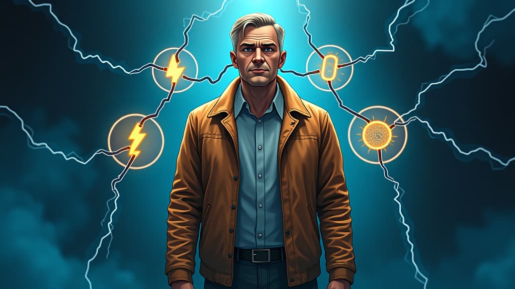  , an illustration showing the concept of electricity with symbols for voltage, current, and electrons, emphasizing the differences between them. hyperrealistic, full body, detailed clothing, highly detailed, cinematic lighting, stunningly beautiful, intricate, sharp focus, f/1. 8, 85mm, (centered image composition), (professionally color graded), ((bright soft diffused light)), volumetric fog, trending on instagram, trending on tumblr, HDR 4K, 8K