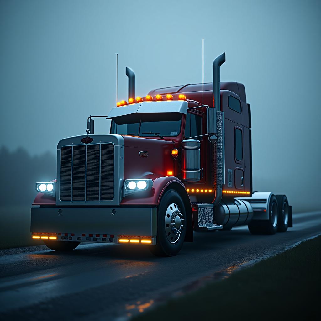  peterbilt 389 hyperrealistic, full body, detailed clothing, highly detailed, cinematic lighting, stunningly beautiful, intricate, sharp focus, f/1. 8, 85mm, (centered image composition), (professionally color graded), ((bright soft diffused light)), volumetric fog, trending on instagram, trending on tumblr, HDR 4K, 8K