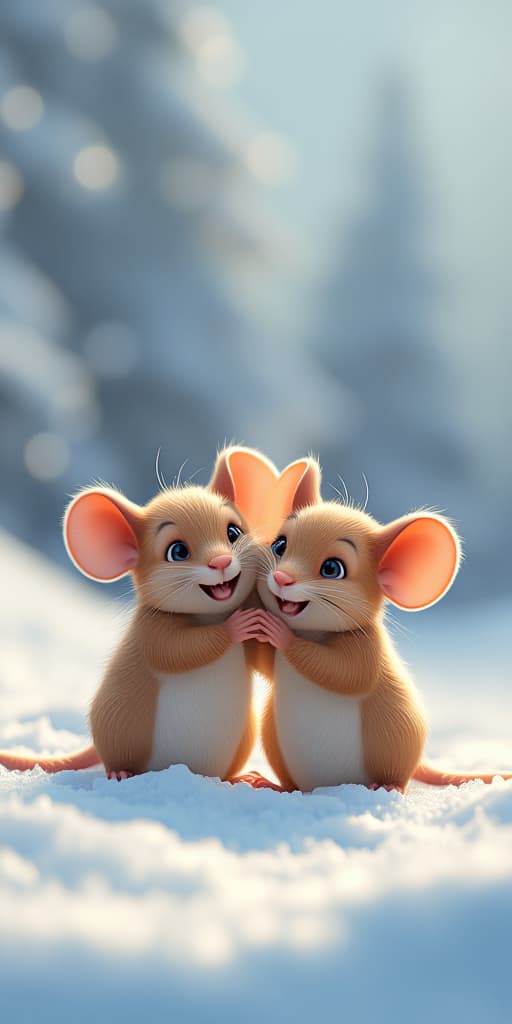  3d joyful friendly cartoon mice on a snowy white canvas, high quality, high details, hd, perfect composition, 4k epic detailed, highly detailed, sharp focus, high resolution