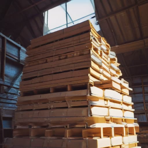 A photo of roofing supplies stacked neatly in a warehouse under soft afternoon sunlight filtering through a skylight.