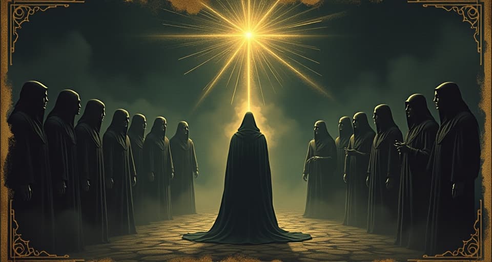  a figure speaking with an aura of light in a shadowy council, faces of darkness listening intently, truth piercing the gloom, revelation. an illustration in the style of a worn, mystical old tarot trump card, mysterious and elements of surrealism. the colors are muted, somber and eerie, but with contrast bring out an occult and esoteric vibe.