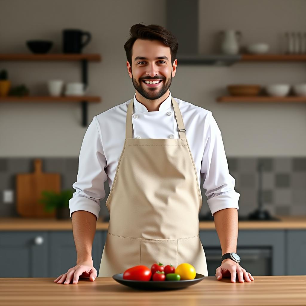  man wearing beige linen apron mock up in the modern kitchen, chef uniform for cooking