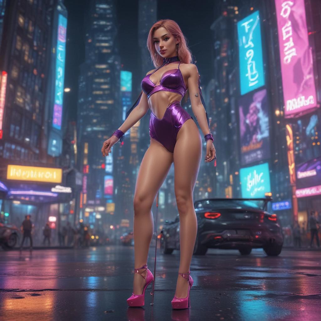 ((masterpiece)),(((best quality))), 8k, high detailed, ultra detailed,A cartoon character pole dancing in a futuristic city, neon lights, flying cars, (giant holographic screens), nighttime setting hyperrealistic, full body, detailed clothing, highly detailed, cinematic lighting, stunningly beautiful, intricate, sharp focus, f/1. 8, 85mm, (centered image composition), (professionally color graded), ((bright soft diffused light)), volumetric fog, trending on instagram, trending on tumblr, HDR 4K, 8K