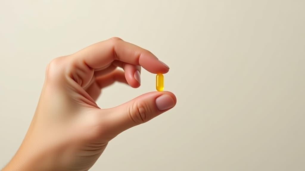  hand holding a small yellow pill against a plain background, emphasizing the simplicity and focus on the pill. ideal for healthcare, medication, and wellness themes.