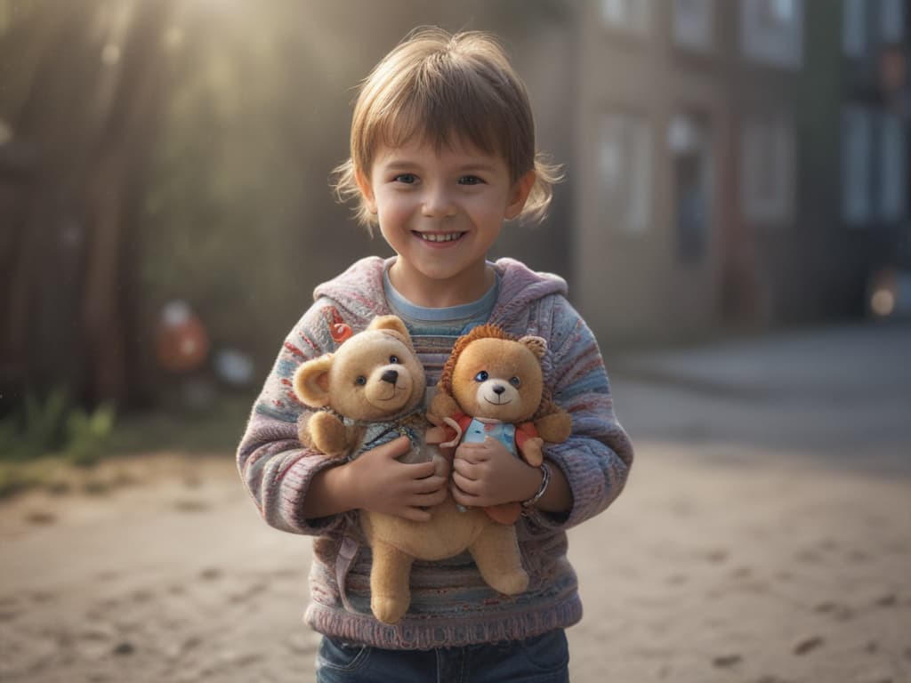 ultra realistic ((ultra realistic ((a child happily holding a toy hp)))) hyperrealistic, full body, detailed clothing, highly detailed, cinematic lighting, stunningly beautiful, intricate, sharp focus, f/1. 8, 85mm, (centered image composition), (professionally color graded), ((bright soft diffused light)), volumetric fog, trending on instagram, trending on tumblr, HDR 4K, 8K