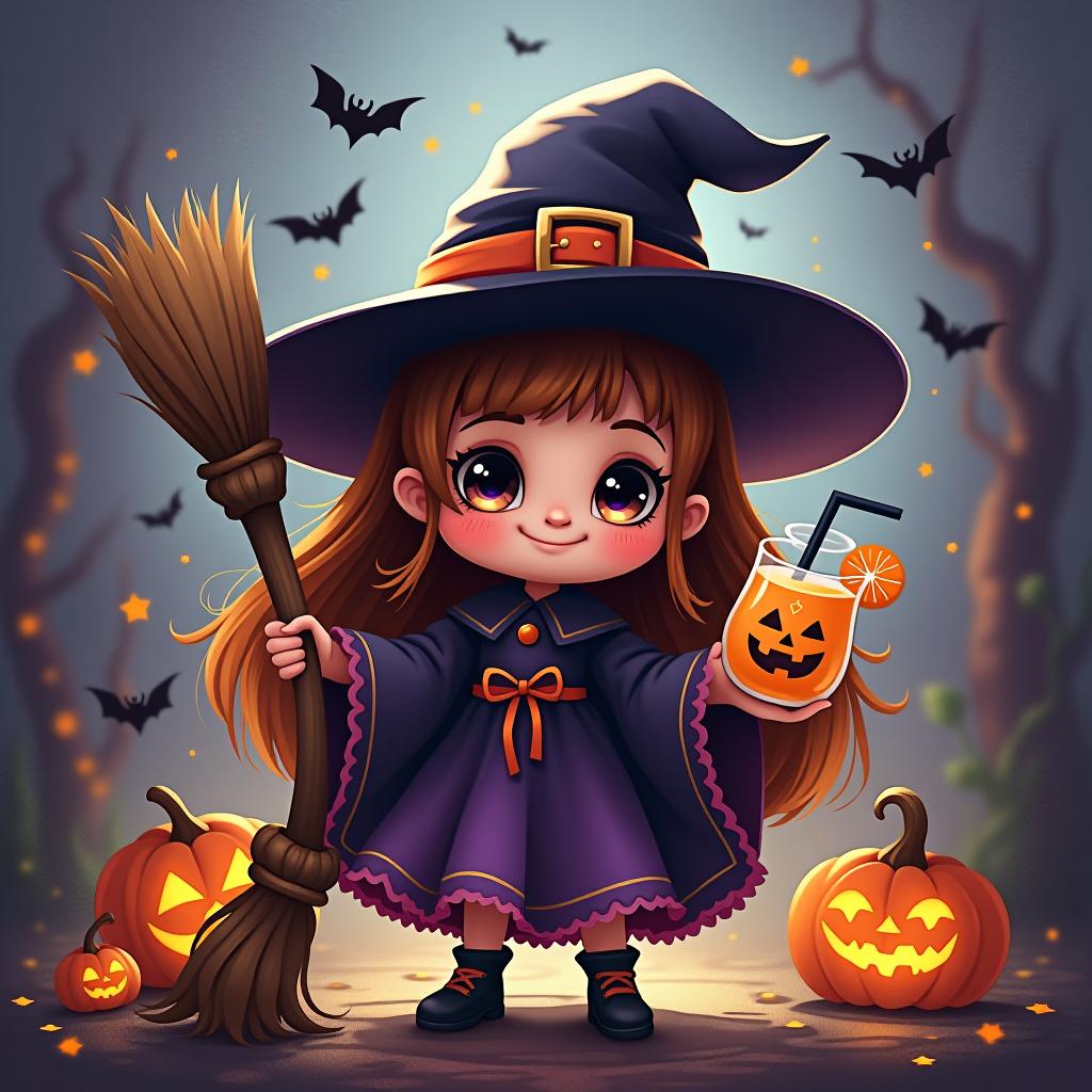  create a digital painting featuring a cute witch character. the witch should be wearing a hat. in one hand, the witch should hold a broomstick, and in the other hand, a halloween themed drink. the background should be colorful and include small black bats, pumpkins and stars to add a playful halloween touch. the overall style should be cute, whimsical, and colorful hyperrealistic, full body, detailed clothing, highly detailed, cinematic lighting, stunningly beautiful, intricate, sharp focus, f/1. 8, 85mm, (centered image composition), (professionally color graded), ((bright soft diffused light)), volumetric fog, trending on instagram, trending on tumblr, HDR 4K, 8K