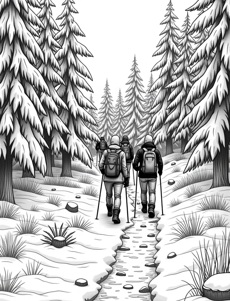  this is for an adult coloring page. a detailed black and white line art of a snowy snowy woodland trail with a group of hikers walking on a solid white background.