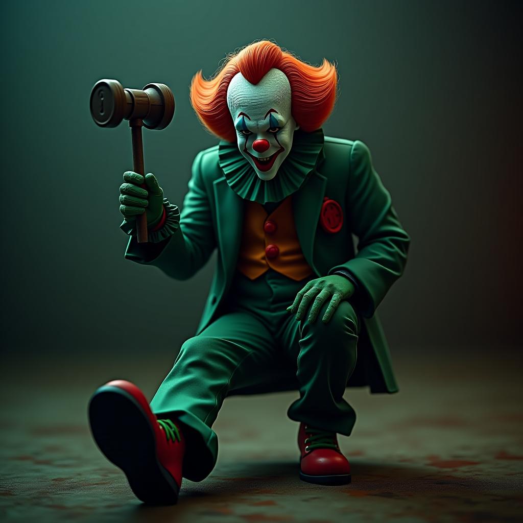  macabre style a clown in a green suit, in a shoe with a red nose, in a red wig, in a hat cylinder, with a toy double hammer in hand, a little crazy . dark, gothic, grim, haunting, highly detailed hyperrealistic, full body, detailed clothing, highly detailed, cinematic lighting, stunningly beautiful, intricate, sharp focus, f/1. 8, 85mm, (centered image composition), (professionally color graded), ((bright soft diffused light)), volumetric fog, trending on instagram, trending on tumblr, HDR 4K, 8K