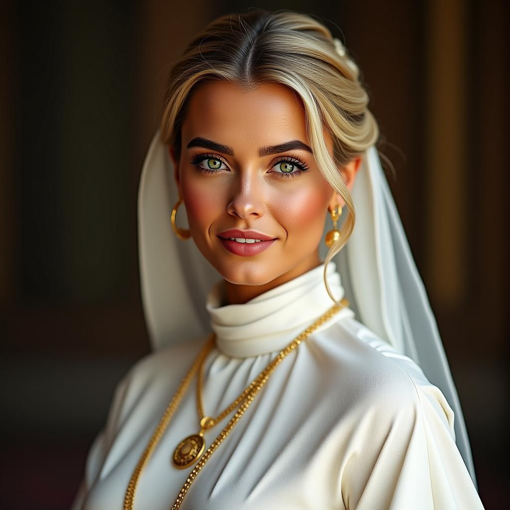  make an image of a blonde woman with tan olive skin and green eyes dressed in a white abaya with a turtleneck wearing gold jewelry with her hair up