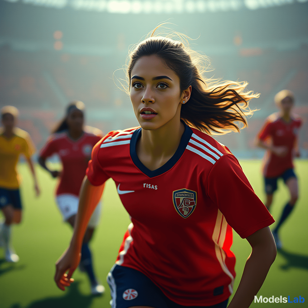  create a picture of a <sports game>, in the center is a beautiful, young, athletic <woman> of <european> descent. in the background you can see other <people> of different genders and origins in a <pitch>. hyperrealistic, full body, detailed clothing, highly detailed, cinematic lighting, stunningly beautiful, intricate, sharp focus, f/1. 8, 85mm, (centered image composition), (professionally color graded), ((bright soft diffused light)), volumetric fog, trending on instagram, trending on tumblr, HDR 4K, 8K