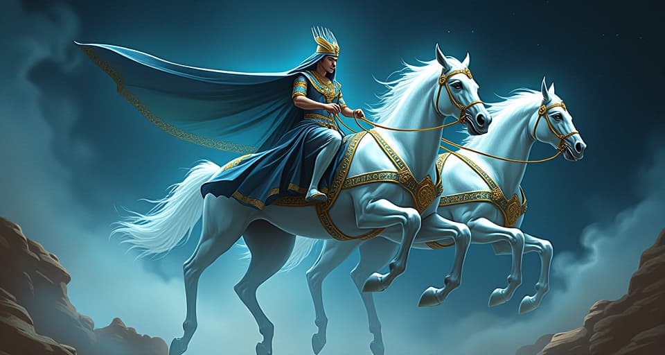  silver chariot, led by spectral horses, gliding over the astral plane, dynamic motion, protective presence. the style is digital art illustration / modern comic book / mysterious occult, symbolic, esoteric vibe,high detail on character design, incorporating ancient egyptian symbology and attire.