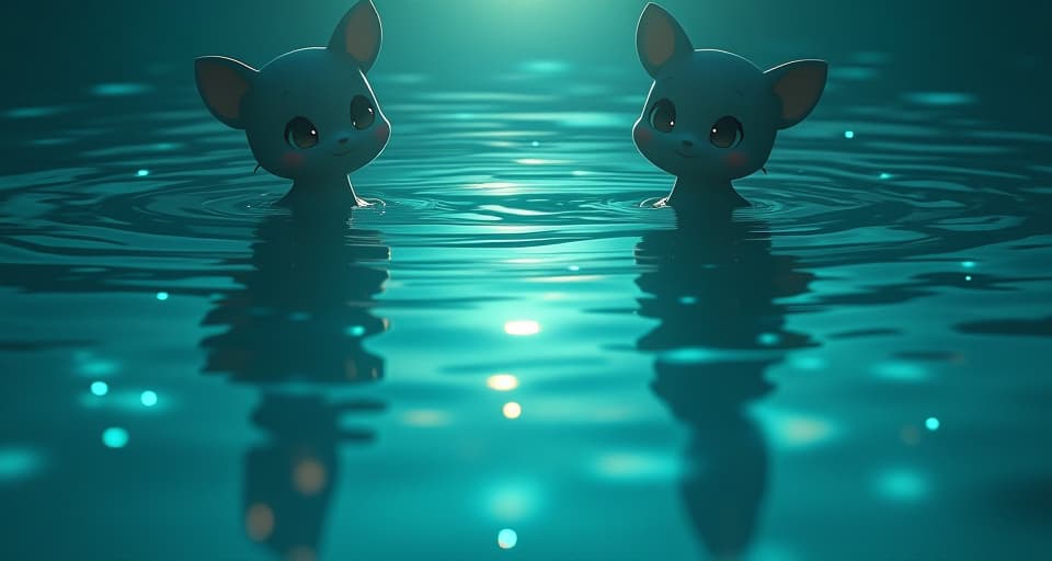  an ethereal, reflective pool with shimmering water. in the reflection, shadowy figures with glints in their eyes, indicating true intentions subtly revealed.. the style is digital art illustration,highly detailed, whimsical,magical, dreamlike atmosphere, realism and fantasy blend, smooth, glossy textures,luminous quality, wonder and enchantment.