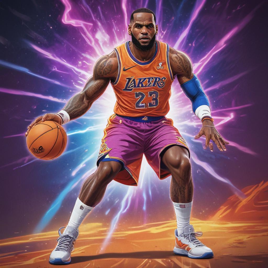 distance-shot, flashy, full-body, dynamic, holographic, animated cartoon poster of lebron james in the style of dragon ball super