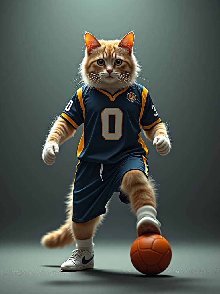  a painted picture, a cat in a sports uniform, playing ball, standing on balance, gym, anim hyperrealistic, full body, detailed clothing, highly detailed, cinematic lighting, stunningly beautiful, intricate, sharp focus, f/1. 8, 85mm, (centered image composition), (professionally color graded), ((bright soft diffused light)), volumetric fog, trending on instagram, trending on tumblr, HDR 4K, 8K